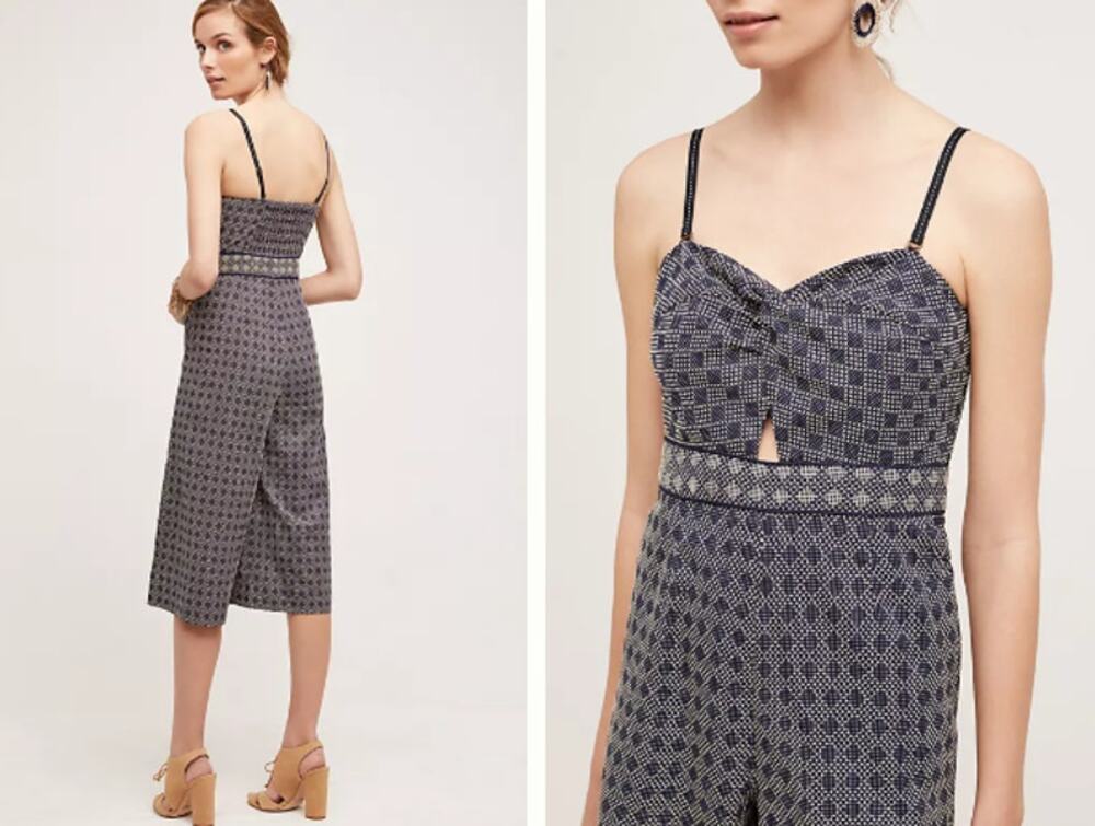 Elevenses navy blue patterned Remy jumpsuit bust cutout pockets 100% cotton sz 2
